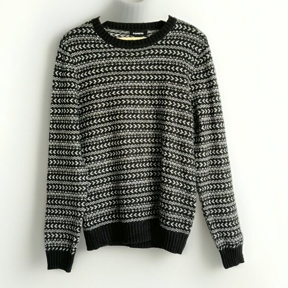 Express Mens Medium Black White Knit Sweater Crew Neck Nordic Fair Isle Winter - Picture 3 of 9